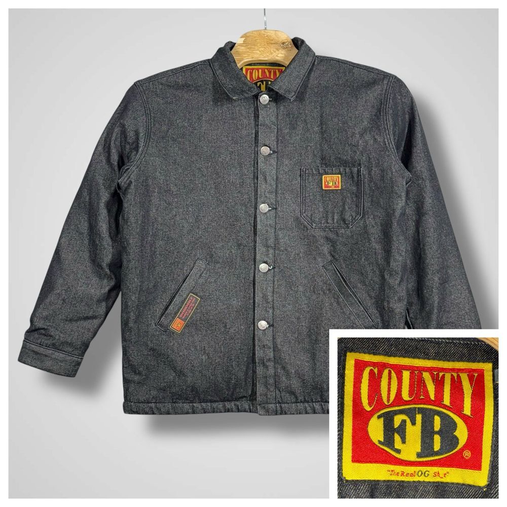 FB County Mens Oversized Denim Jacket Sherpa Lined Black‎ Size Small Workwear